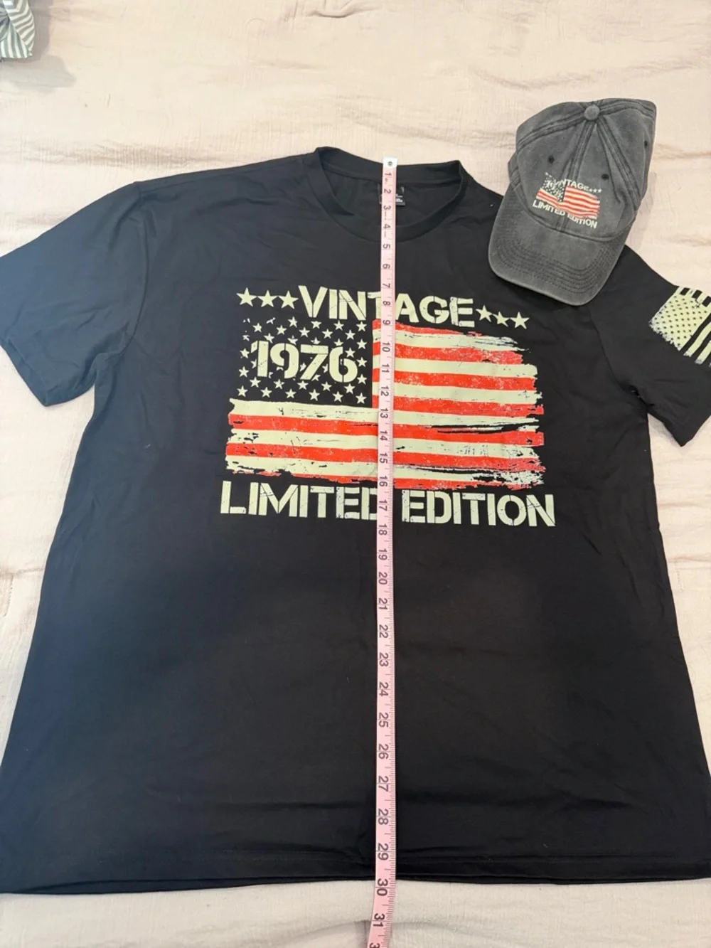 Faded Glory Black Short Sleeve Tee with Red & White Flag Graphic & Hat